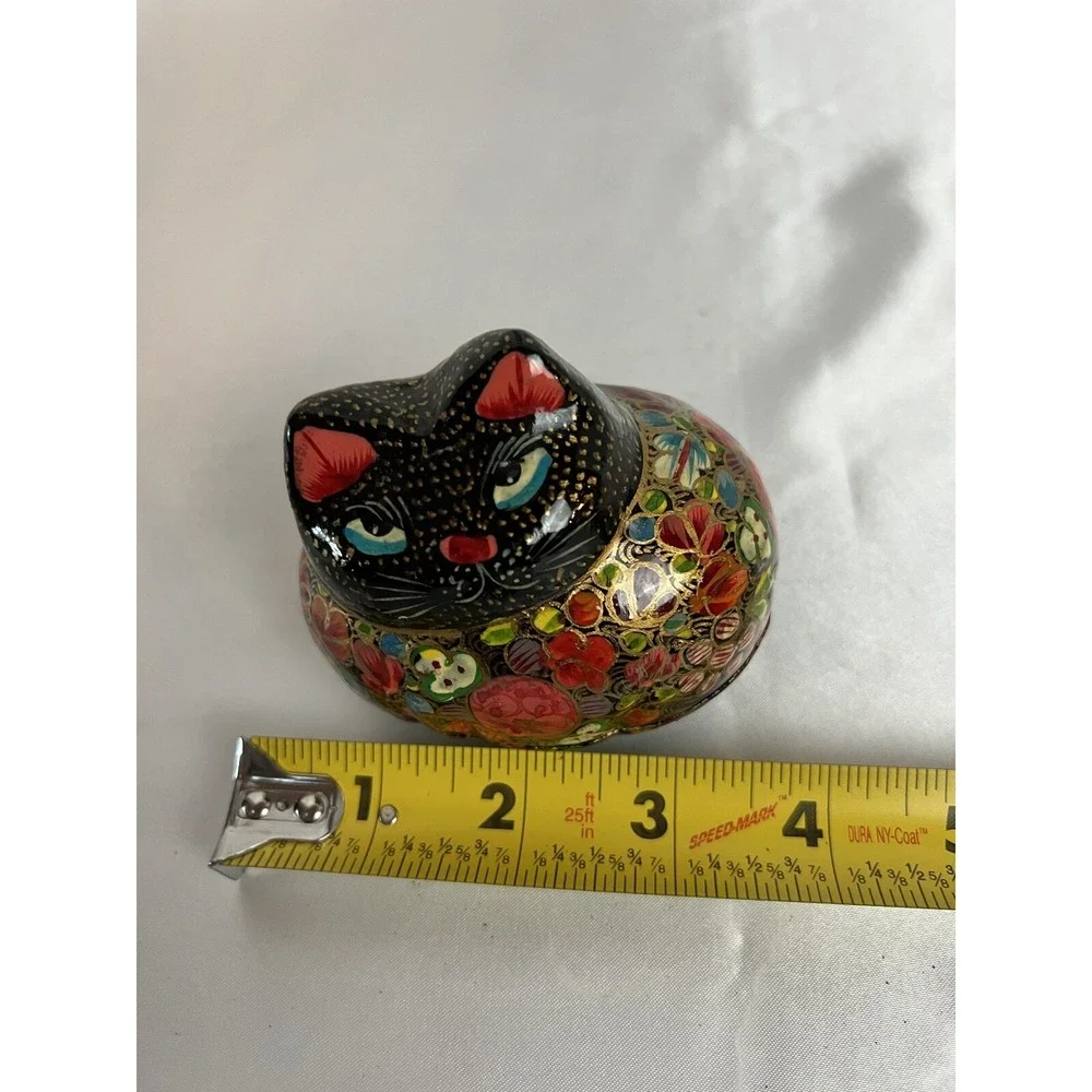 Vtg Cat Kitty Trinket Vanity Box Paper Mache Kashmir india Flowers